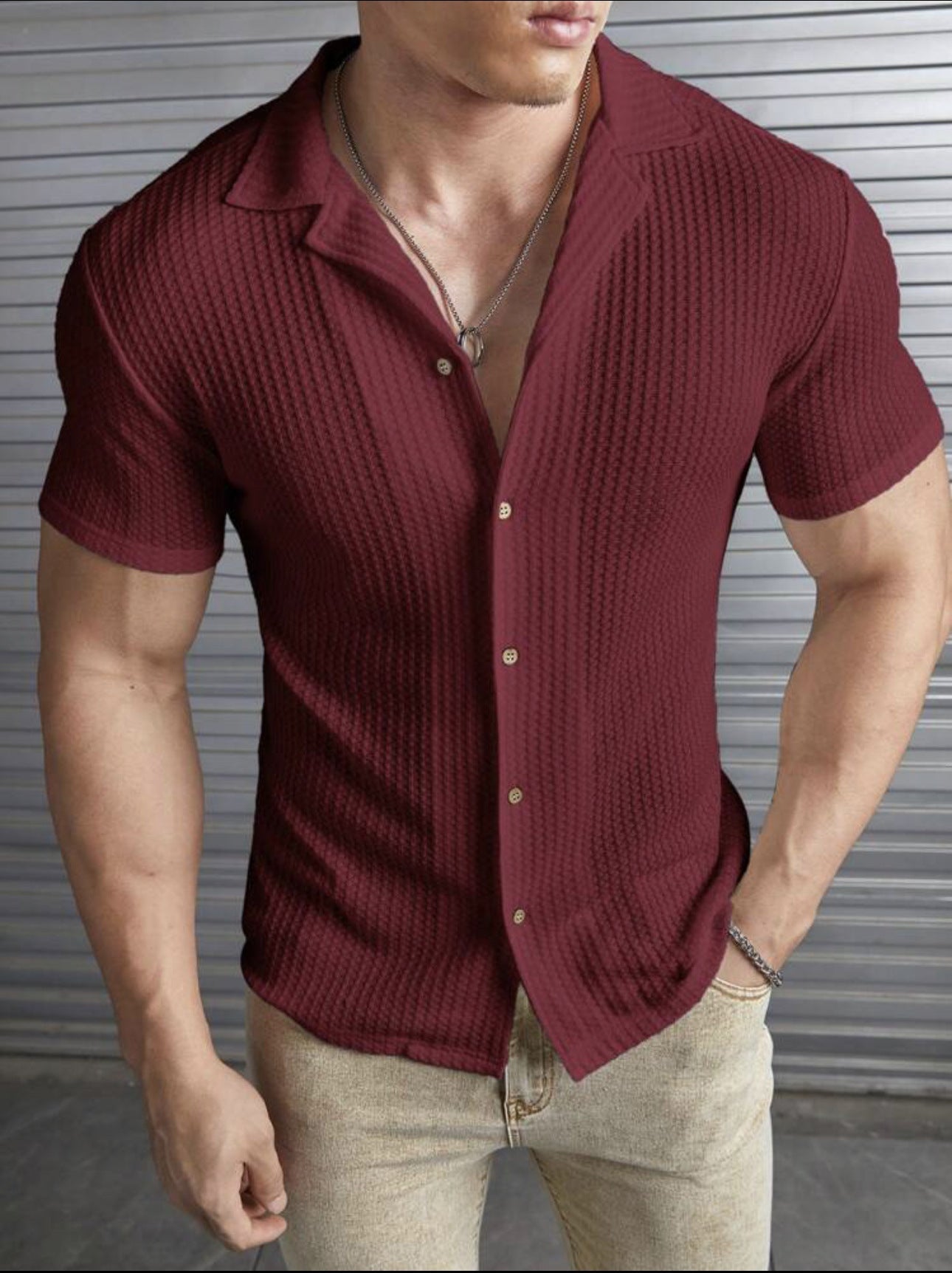 Herr T-shirt – Slim Fit – Kort ärm – Knäppning fram – Avslappnad stil