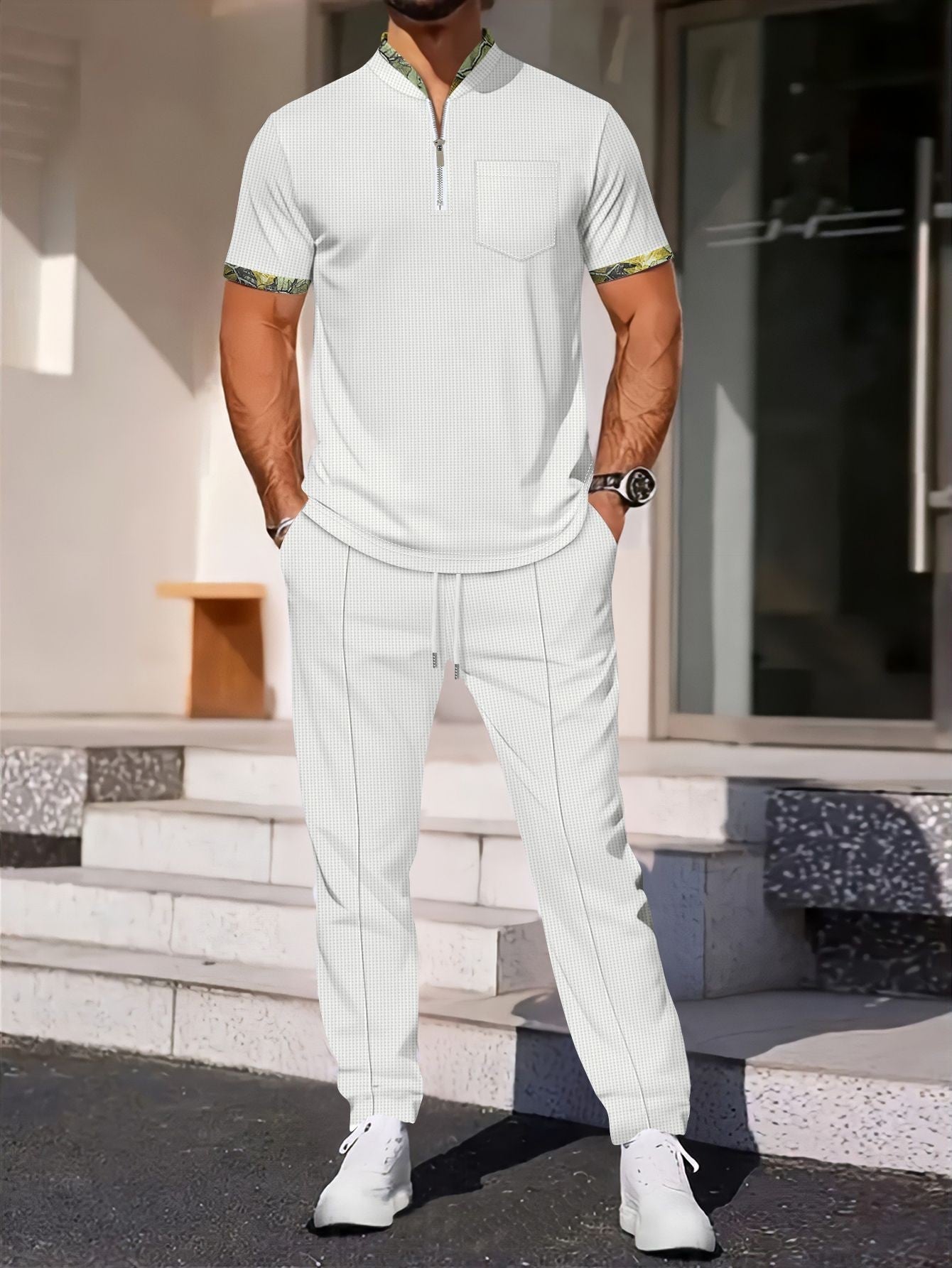 Sportset för män – Slim fit – Bomullsblandning – Dragkedjekrage – Bröstficka