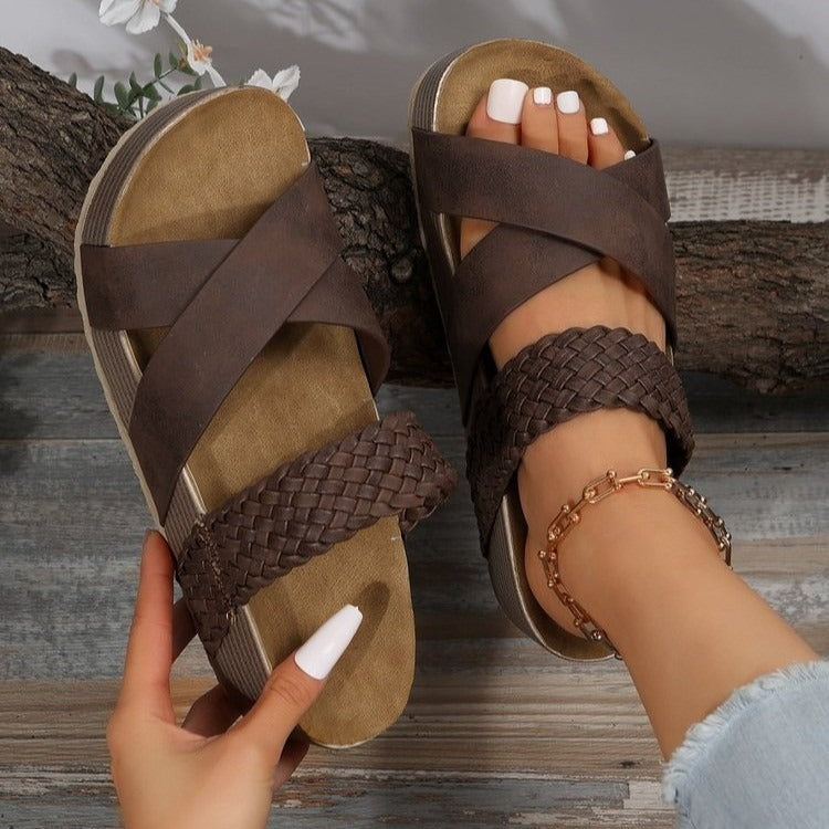 Dam Sandaler – Platåsula – Korsade Vävda Remmar – Öppen Tå – Halkfri Design