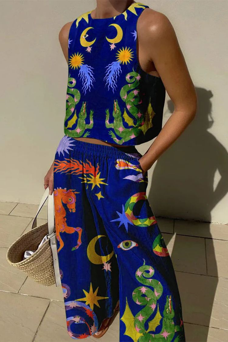 Damlinne – Ärmös Crop Top – Lätt Bomull – Avslappnad Passform – Tryckt Mönster