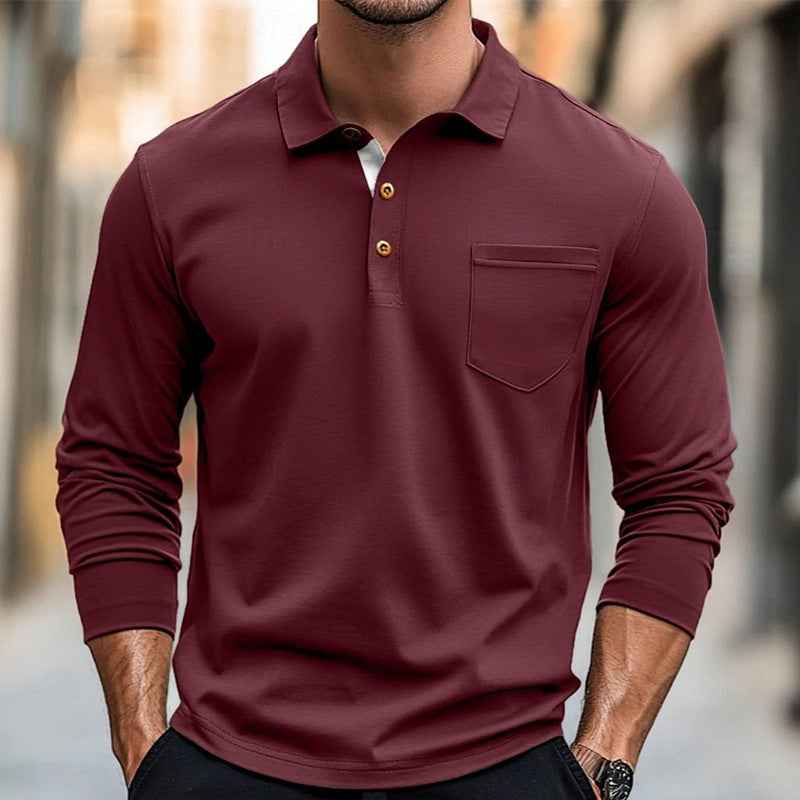 Herrpikétröja med lång ärm – Slim Fit – Bomull – Bröstficka – Knappslå