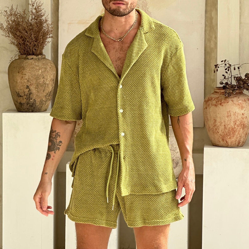 Herrarnas outfitset – Texturerad skjorta med knappar – Avslappnad passform – Dragskoshorts