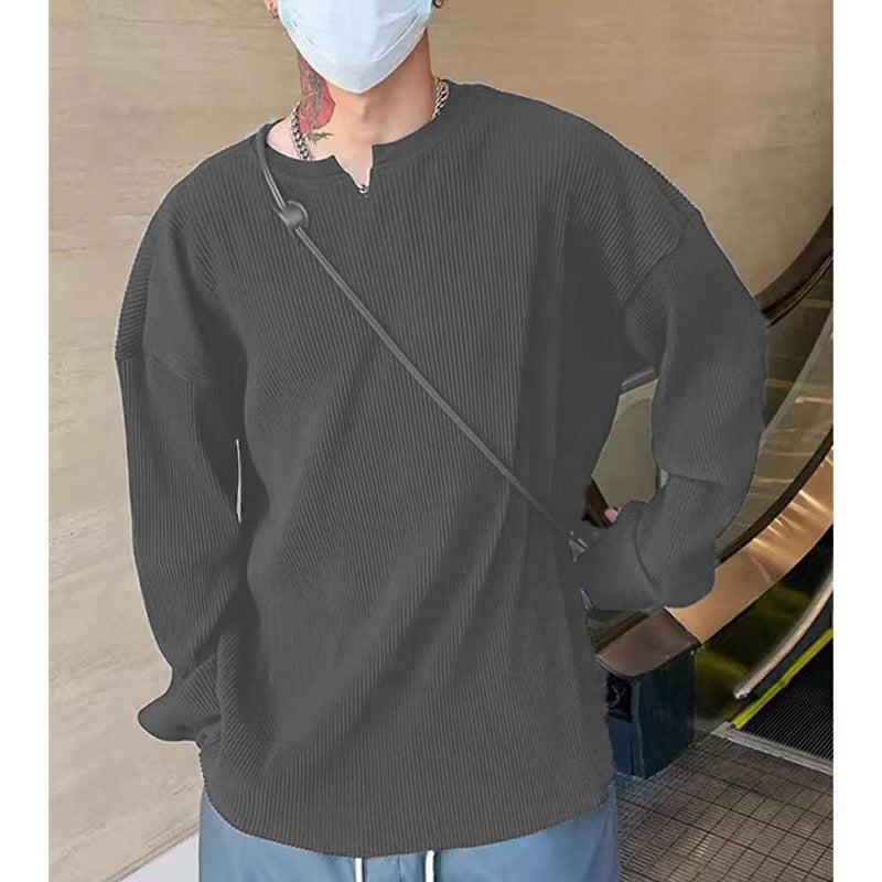 Herr långärmad T-shirt – Ribbstickad – Avslappnad passform – V-ringning – Andningsbar