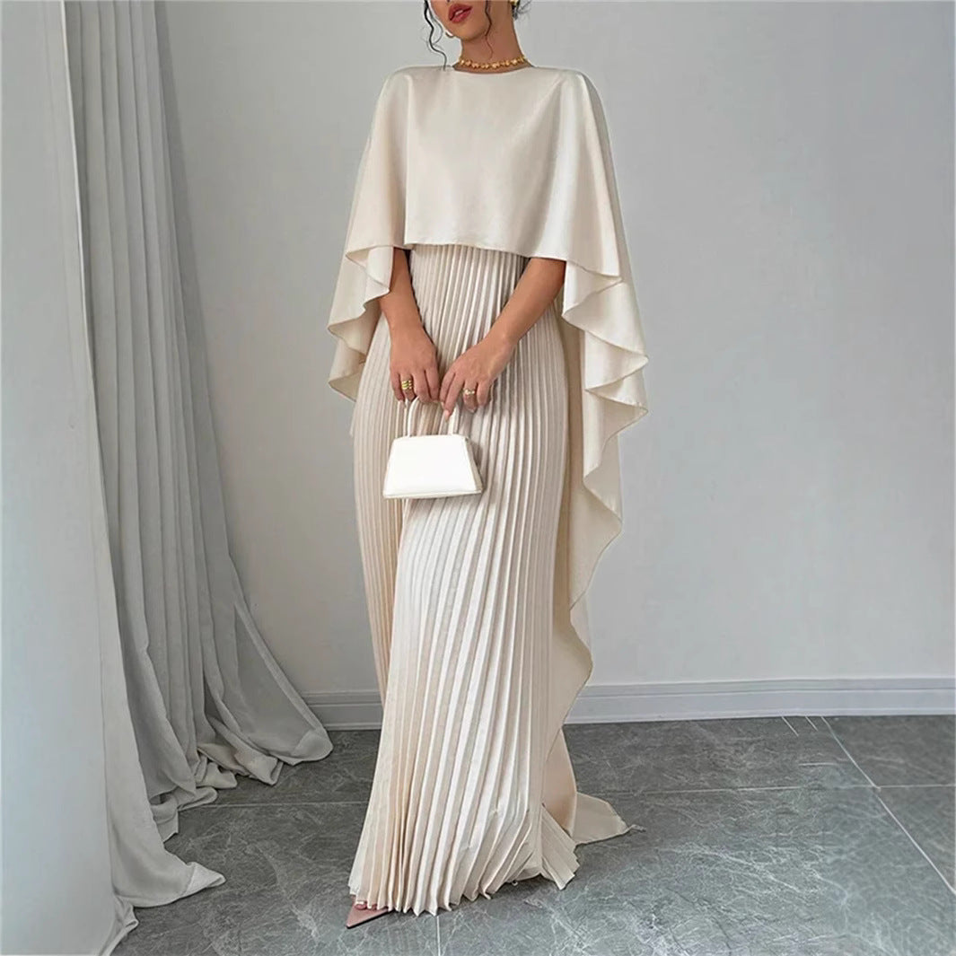 Damklänning Maxi – Veckad Design – Fladderärm – Hög Hals – Lös Passform