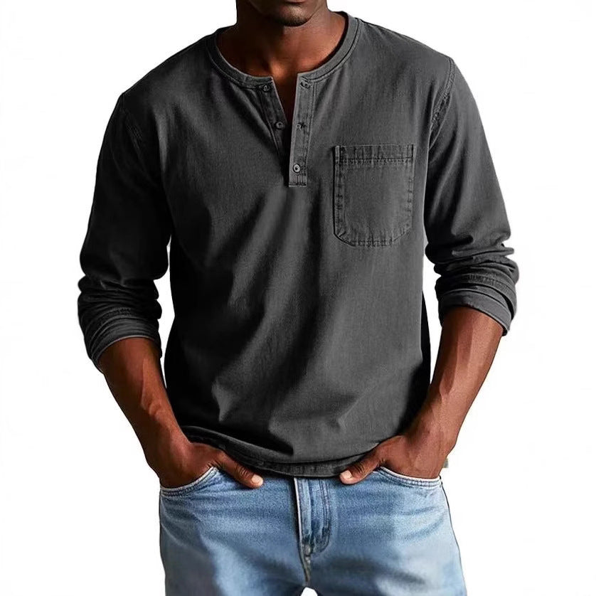Herr långärmad t-shirt – slim fit – andningsbart tyg – knäppning – bröstficka