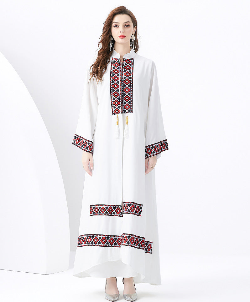 Damset i två delar – Bohemisk Kimono & Ärmlös Klänning – Broderade Detaljer – Tofsband – Lös Passform