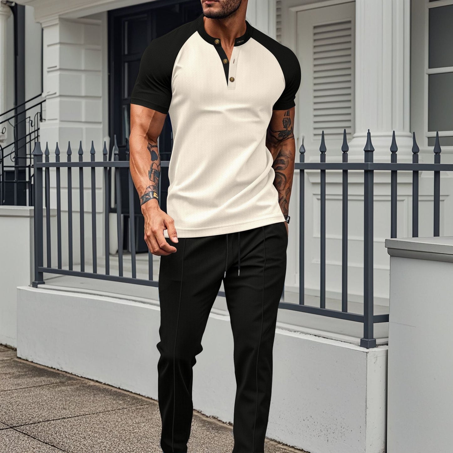 Herrset med T-shirt och Byxor – Slim Fit – Byxor med raka ben – Knapplist – Raglanärmar