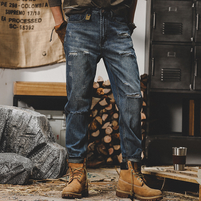 Herrjeans – Avslappnad Passform – Rak Ben – Slitna – Denim i Femficksmodell