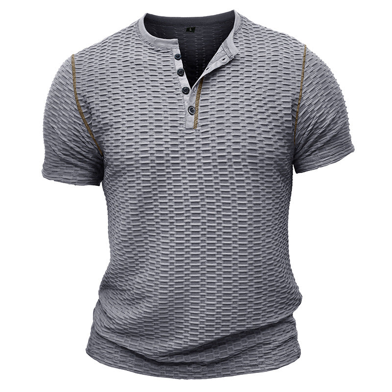 Herr T-shirt Henley – Slim Fit – Texturerad Waffle – Kortärmad Vardagsstil