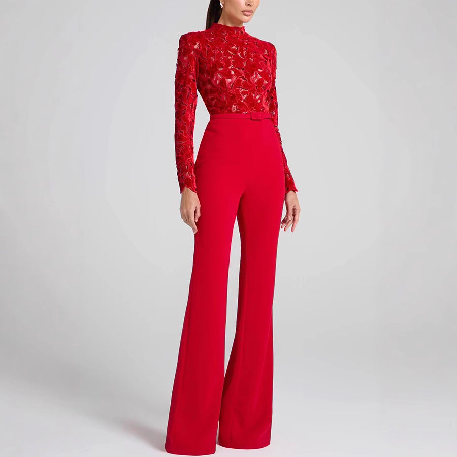 Dam Jumpsuit – Broderad Spets – Skräddarsydd Passform – Utsvängda Ben – Bälte
