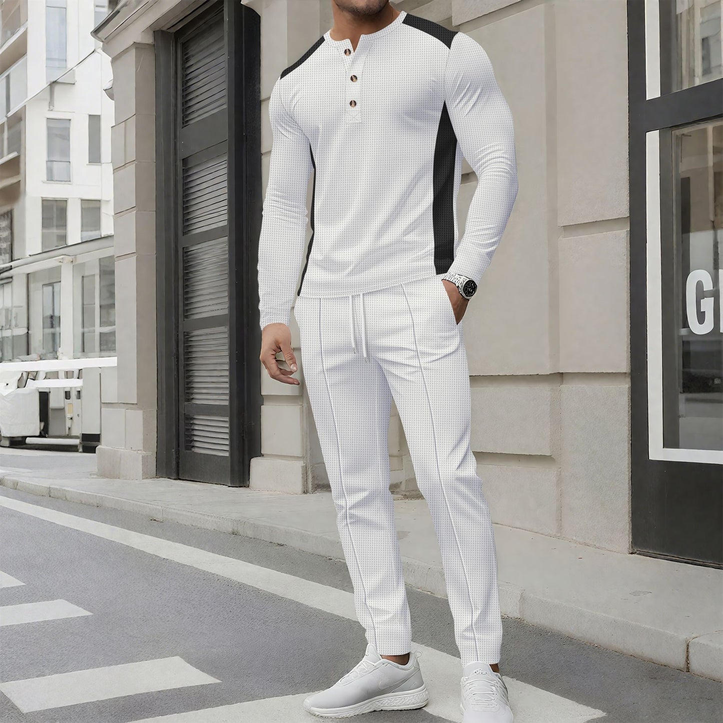 Herr Träningsset – Slim Fit – Långärmad Henley – Avsmalnande Joggerbyxor