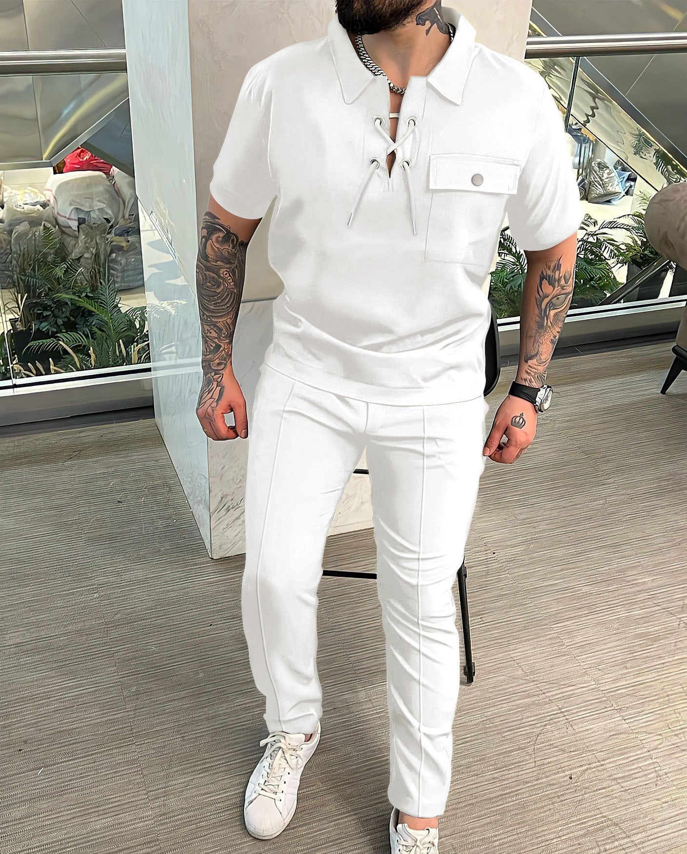 Herr Tvådelat set – Slim fit – Kortärmad med dragsko – Andningsbar stilren look