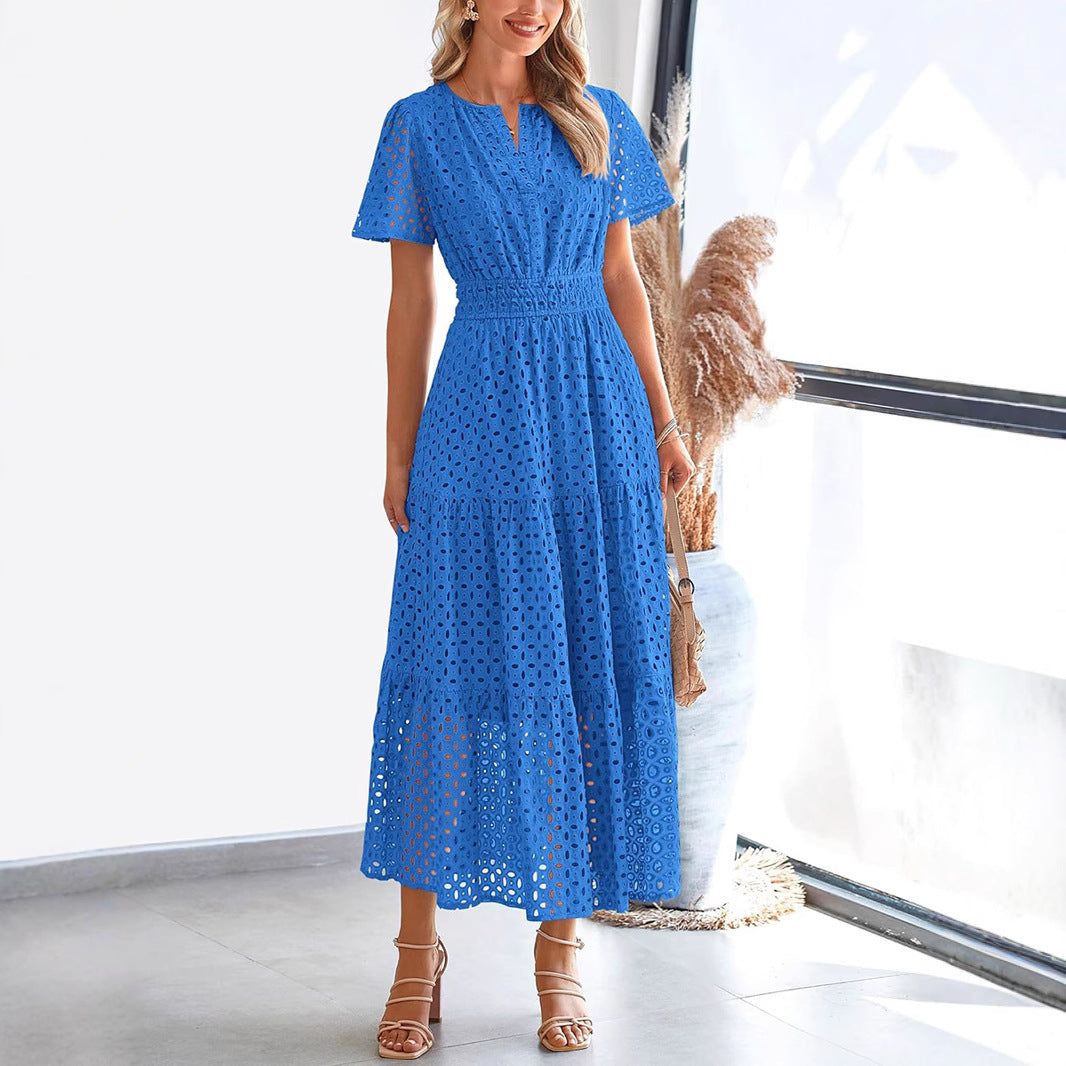 Damklänning – Hellång – Broderad Spets – V-Ringning – Lös Passform Kort Ärm