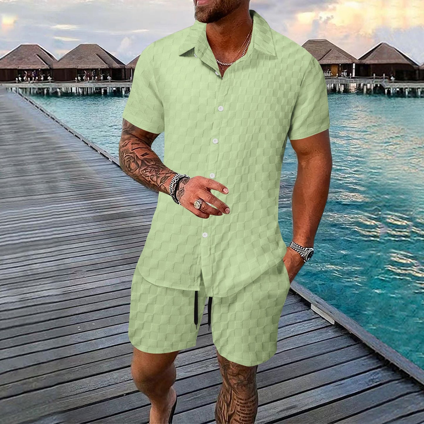 Herr Set med Skjorta och Shorts – Jacquard – Avslappnad Passform – Kortärmad Skjorta