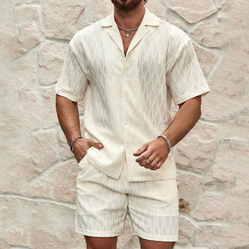 Herrset med skjorta och shorts – Avslappnad passform – Lätt bomull – Texturerad design