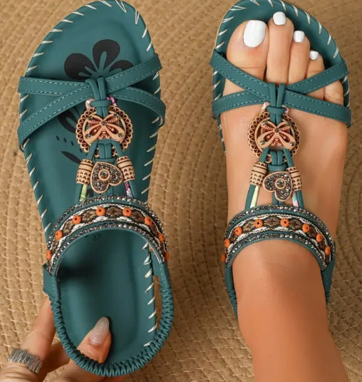 Dam Sandaler – Platta – Boho Flätad Rem – Strassdetaljer – Öppen Tå – Bekväm Passform