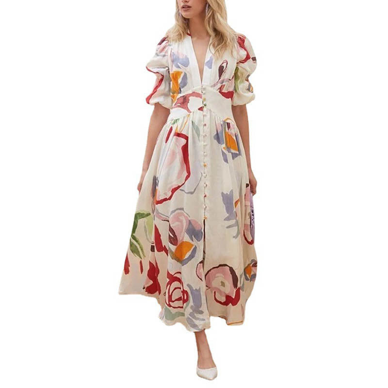 Damklänning – Maxilängd – Avslappnad Passform – Naturliga Fibrer – Ballongärmar – Knäppning Fram