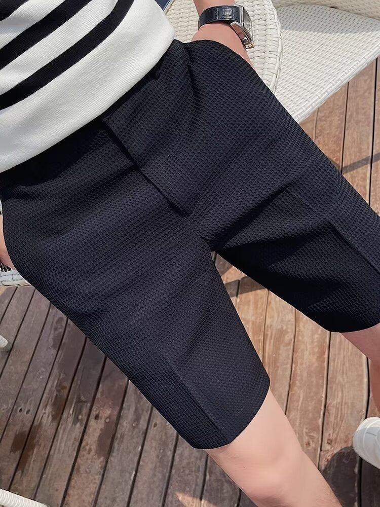 Herrshorts – Slim Fit – Texturerat Vävtyg – Knäppning – Knälångt Snitt