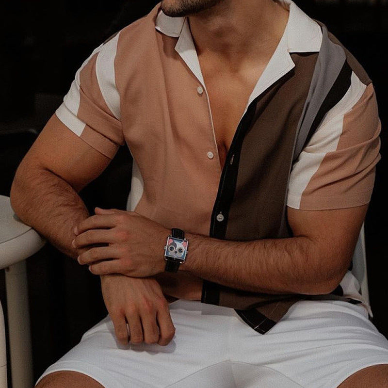 Herrskjorta – Kort Ärm – Regular Fit – Button-Up – Andningsbart Tyg – Randigt Mönster