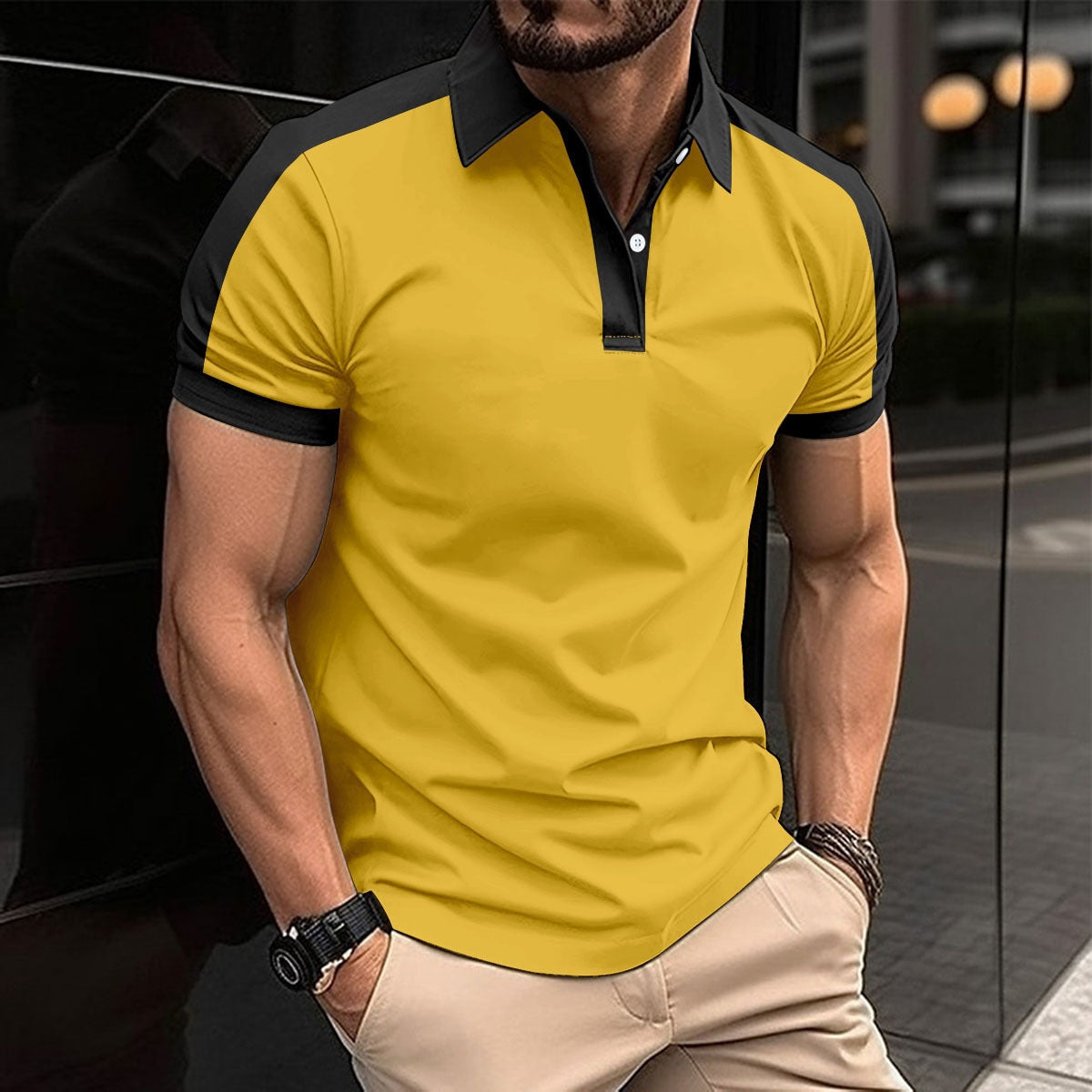 Herr Pikétröja – Slim Fit – Naturliga Fibrer – Kontrastkrage och Ärmslut