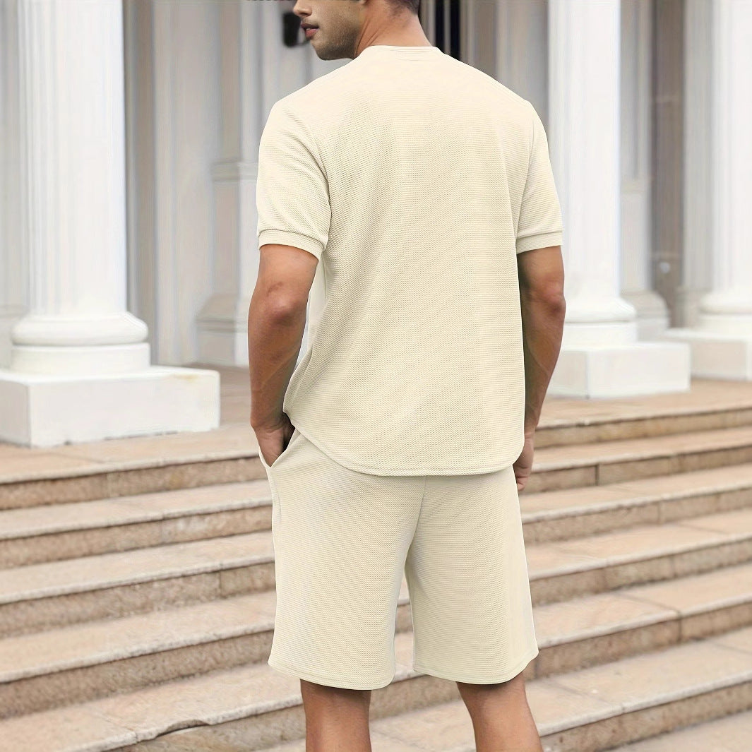 Herrset med zip-tröja och shorts – Avslappnad passform – Lätt och andningsbar waffle-knit
