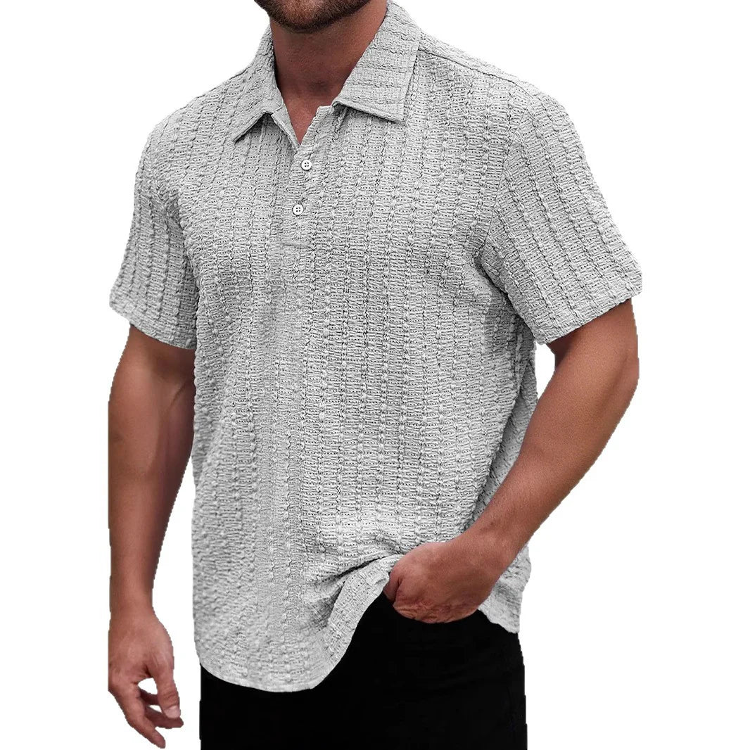 Herrpikétröja – Regular Fit – Texturerad Mjukstickad – Kort Ärm – Andningsbart Tyg
