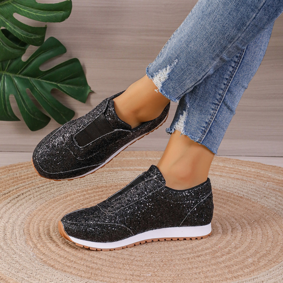 Dam Sneakers – Låg Profil – Slip-On – Paljettöverdel – Mjuk Dämpad Sula