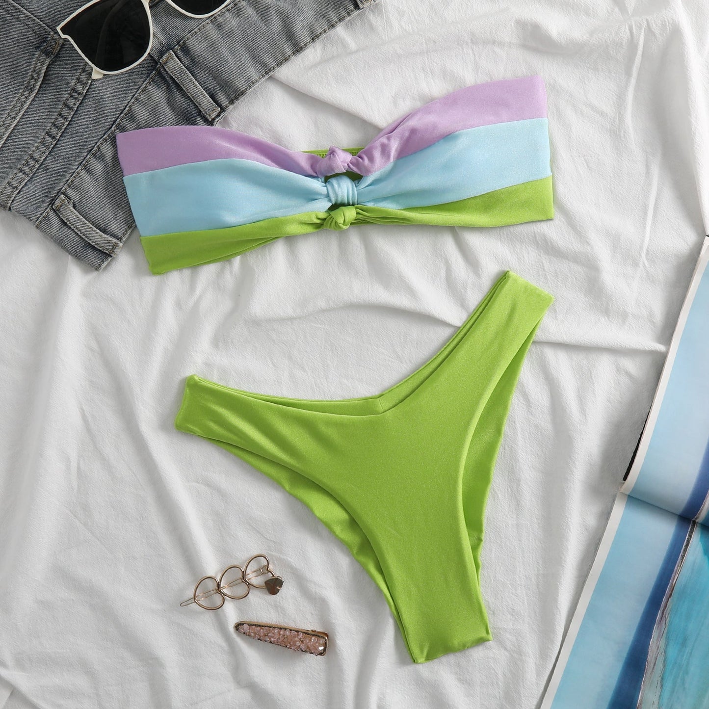 Dam Bikini Set – Bandeau Topp med Knut – Hög Benskärning – Stretch Snabbtorkande