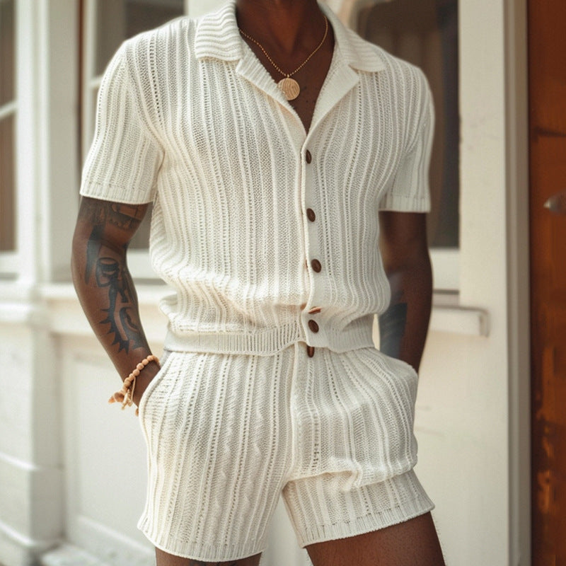 Herrset med stickad skjorta och shorts – Slim Fit – Pikékrage – Andningsbar ribbad textur
