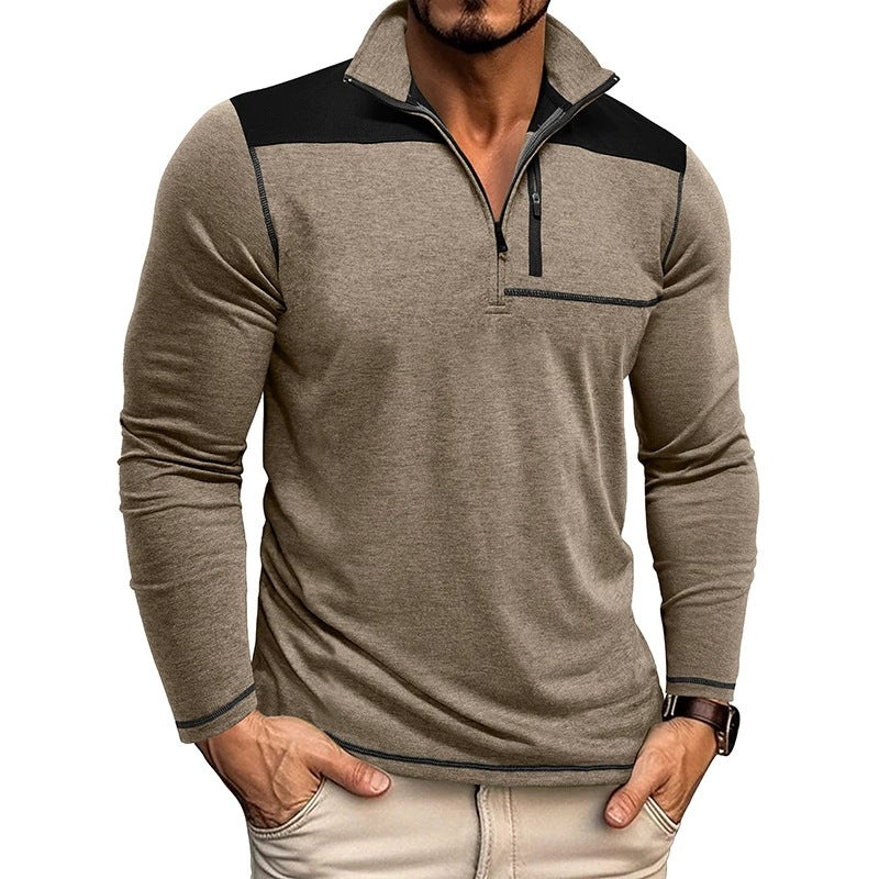 Herrtröja – Slim Fit – Mjukstickad – Halvdragkedja – Kontrastpanel – Lång ärm