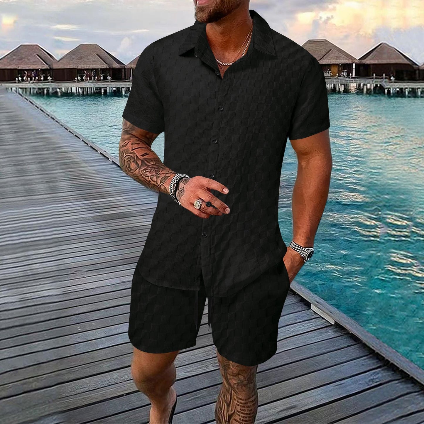 Herr Set med Skjorta och Shorts – Jacquard – Avslappnad Passform – Kortärmad Skjorta