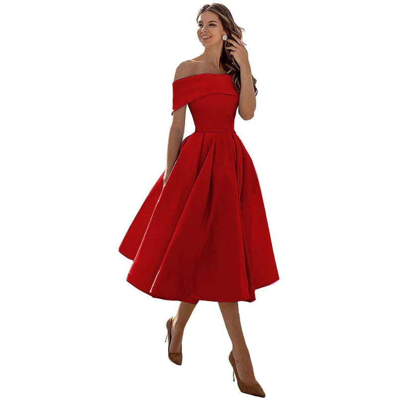 Damklänning – Off-Shoulder – Figurnära Liv – Utställd Kjol – Tealängd Elegant Stil