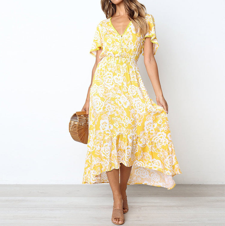 Damklänning Maxi – Andningsbart Material – A-Linje – V-Ringning – Blommigt Mönster – Volangfåll – Korta Ärmar