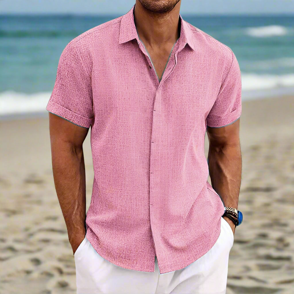 Men’s Short Sleeve Button Up Linen Blend Relaxed Fit Shirt