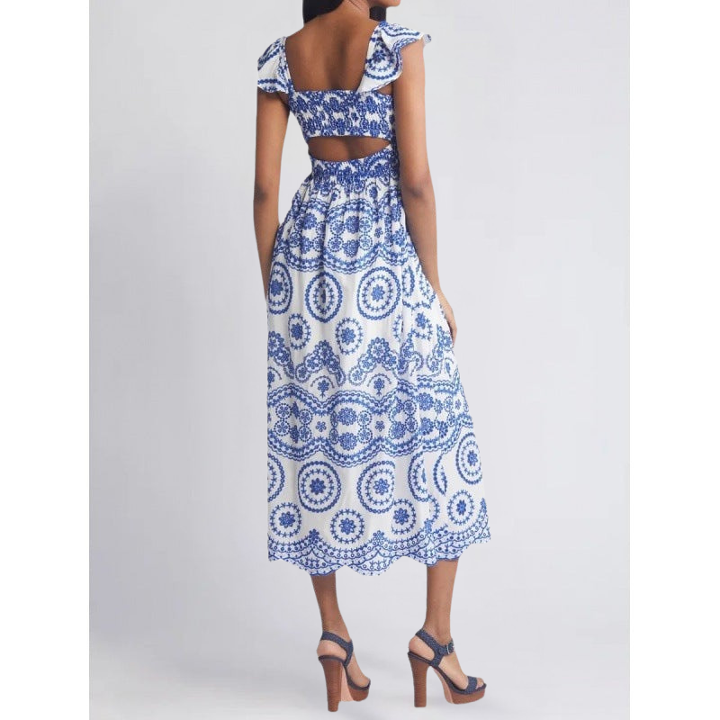 Damklänning midi – Bomull – Avslappnad passform – Fyrkantig ringning – Volangärm