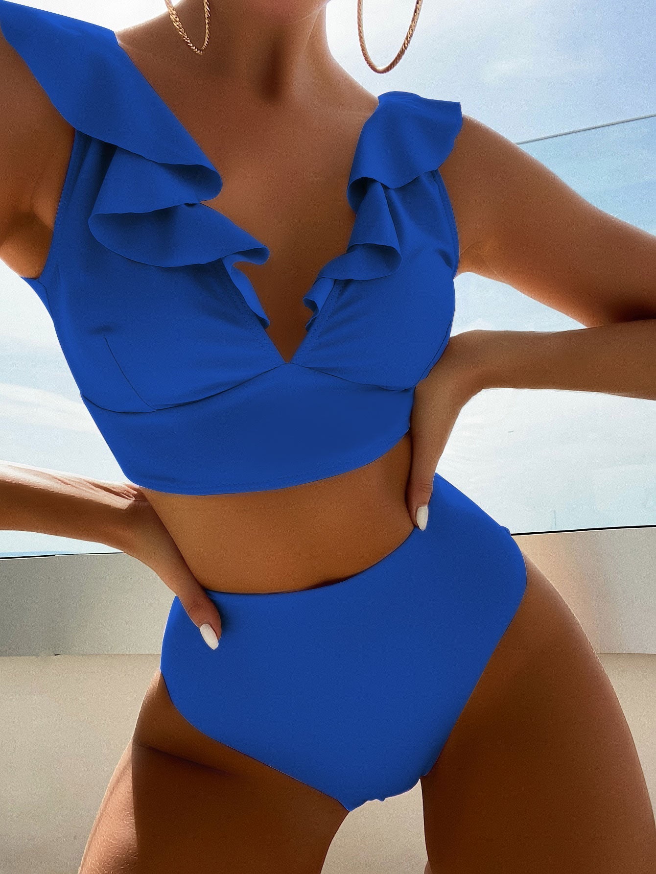 Dam Bikini Set – Volang V-ringad Topp – Hög Midja – Stretchig Andningsbar Passform