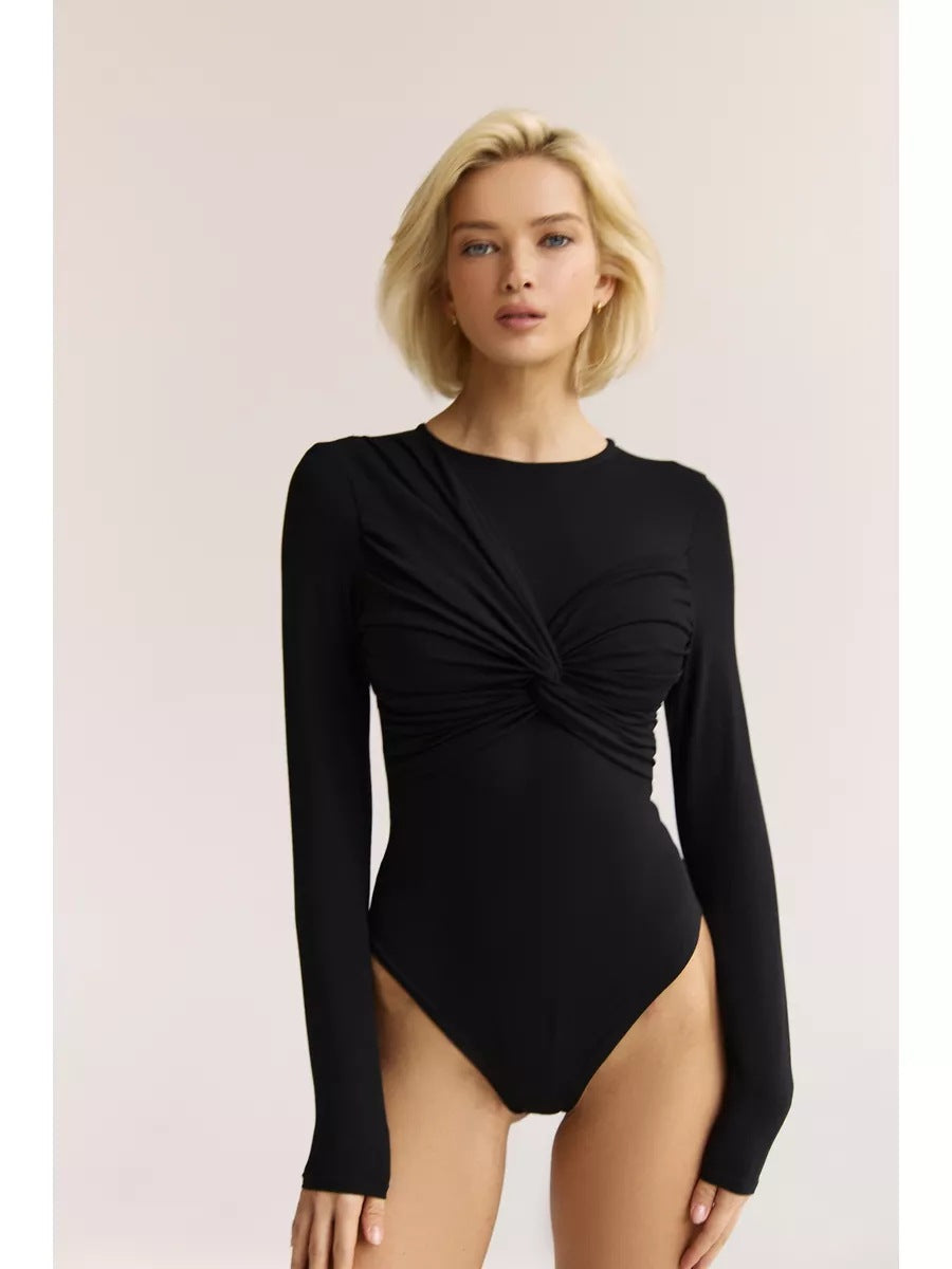 Dam Bodysuit – Slim Fit – Stretchmaterial – Rynkad Front – Lång ärm – Rund hals