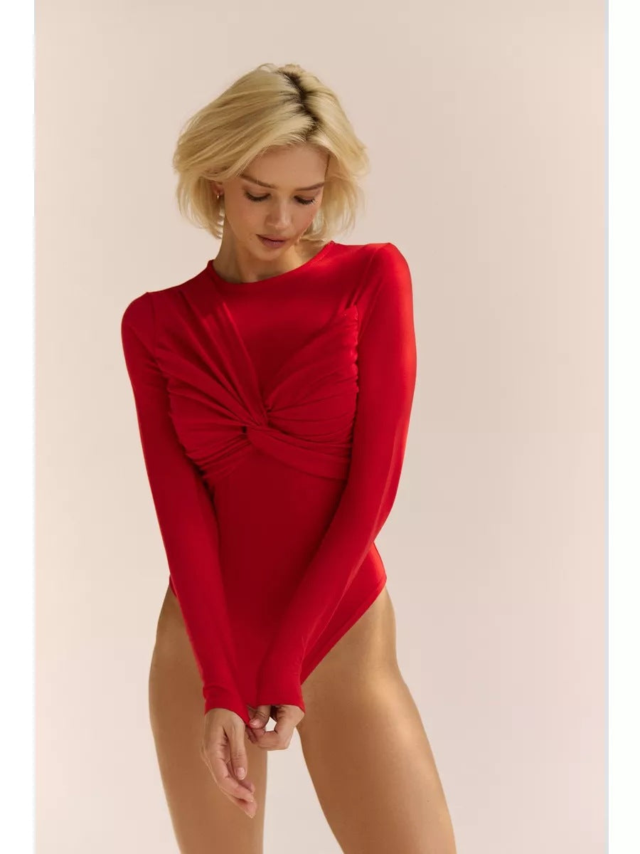 Dam Bodysuit – Slim Fit – Stretchmaterial – Rynkad Front – Lång ärm – Rund hals