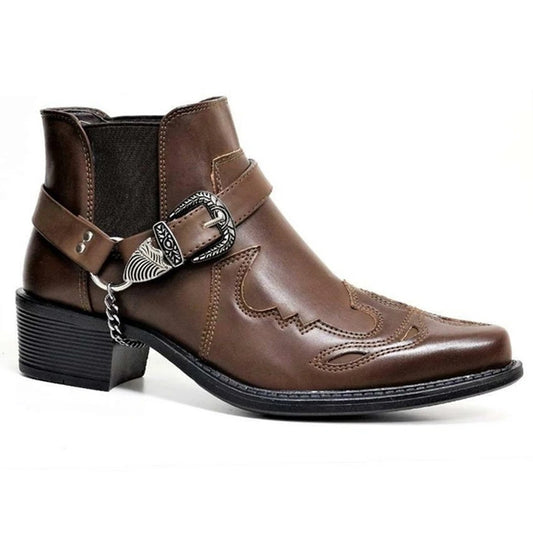 Herr Cowboyboots – Skinn – Ankelhöga – Spetsig Tå – Dekorsömmar Harnessdetalj