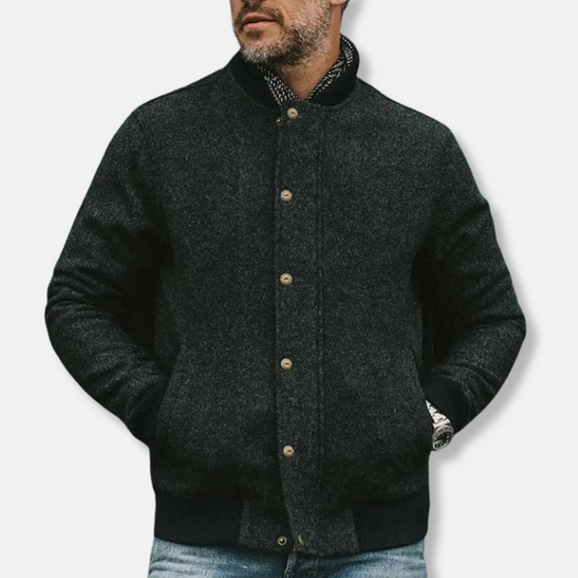 Herr Jacka Bomber – Avslappnad Passform – Ullmix – Ribbad Mudd – Knappar och Fickor