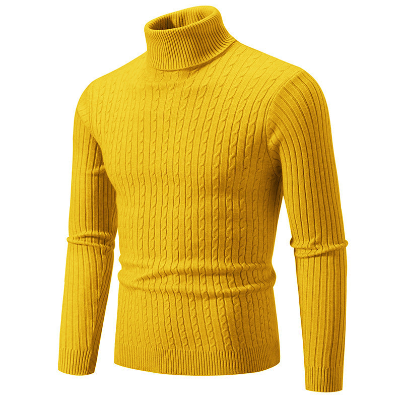 Herr Turtlenecktröja – Slim Fit – Ullstickad – Kabelstickning – Ribbade detaljer