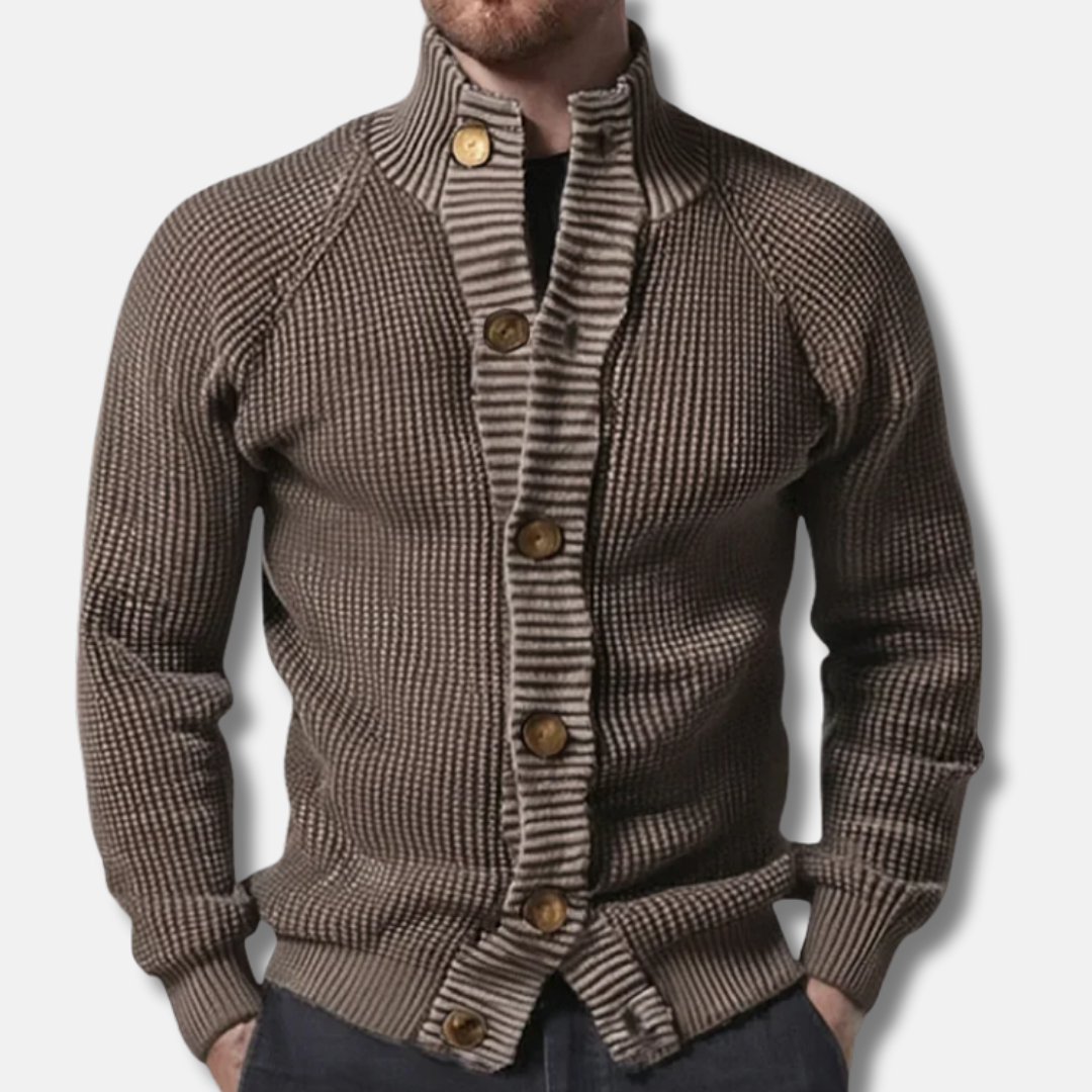Herrkofta – Slim Fit – Ribbstickad Ull – Ståkrage – Raglanärm – Knäppning fram