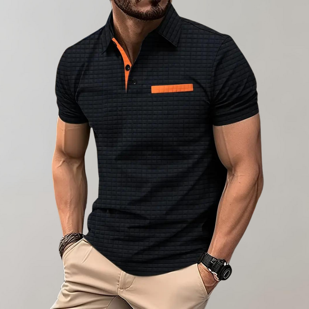 Herr pikétröja – Slim Fit – Mjukstickad – Kontrastkrage – Texturerad design