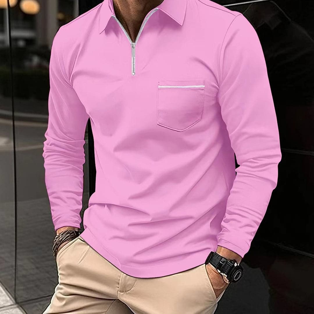 Herr Pikétröja – Långärmad – Halvdragkedja – Slim Fit – Bröstficka