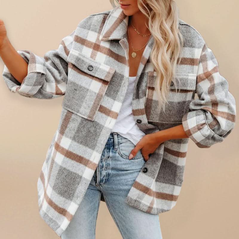 Dam Shacket - Oversized Passform - Rutig Design - Varmt och Mjukt Tyg - Långärmad