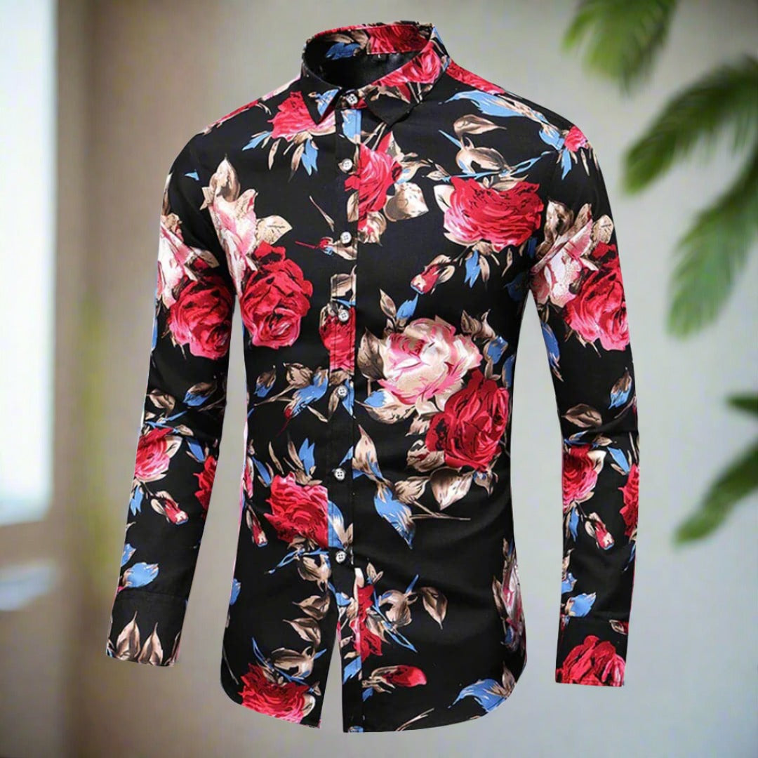 Herrskjorta - Blommigt Mönster - Långärmad - Knappstängning – Klassisk Krage