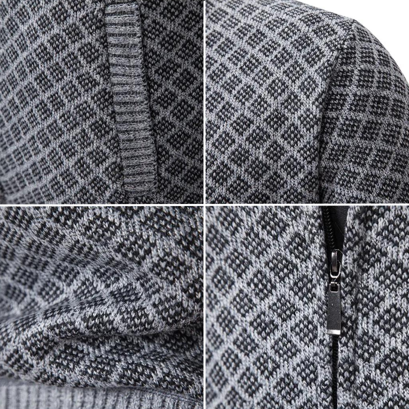 Herr Stickad Kofta - Slim Fit - Dragkedja & Hög Krage - Mönstrad - Ribbad Kant