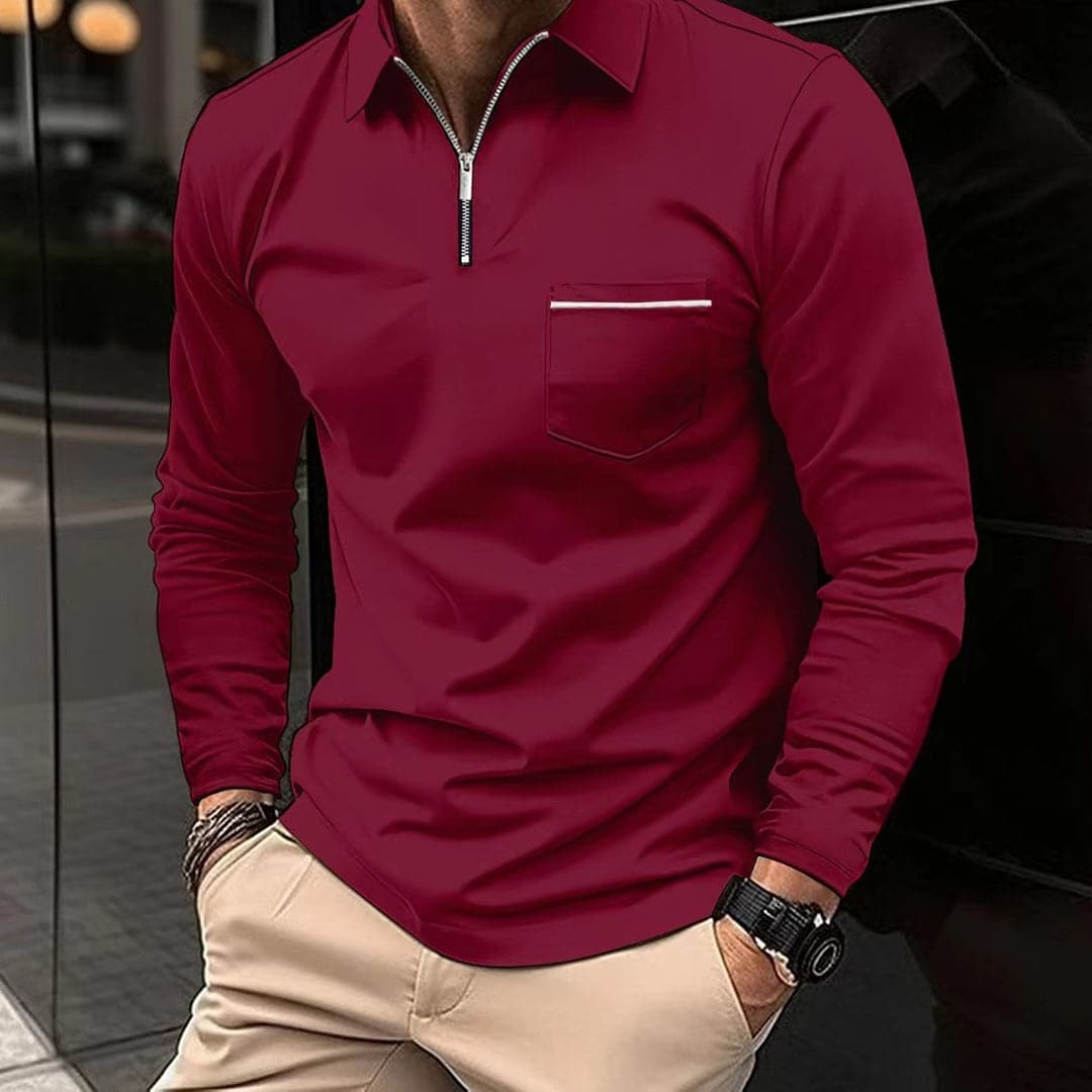 Herr Pikétröja – Långärmad – Halvdragkedja – Slim Fit – Bröstficka