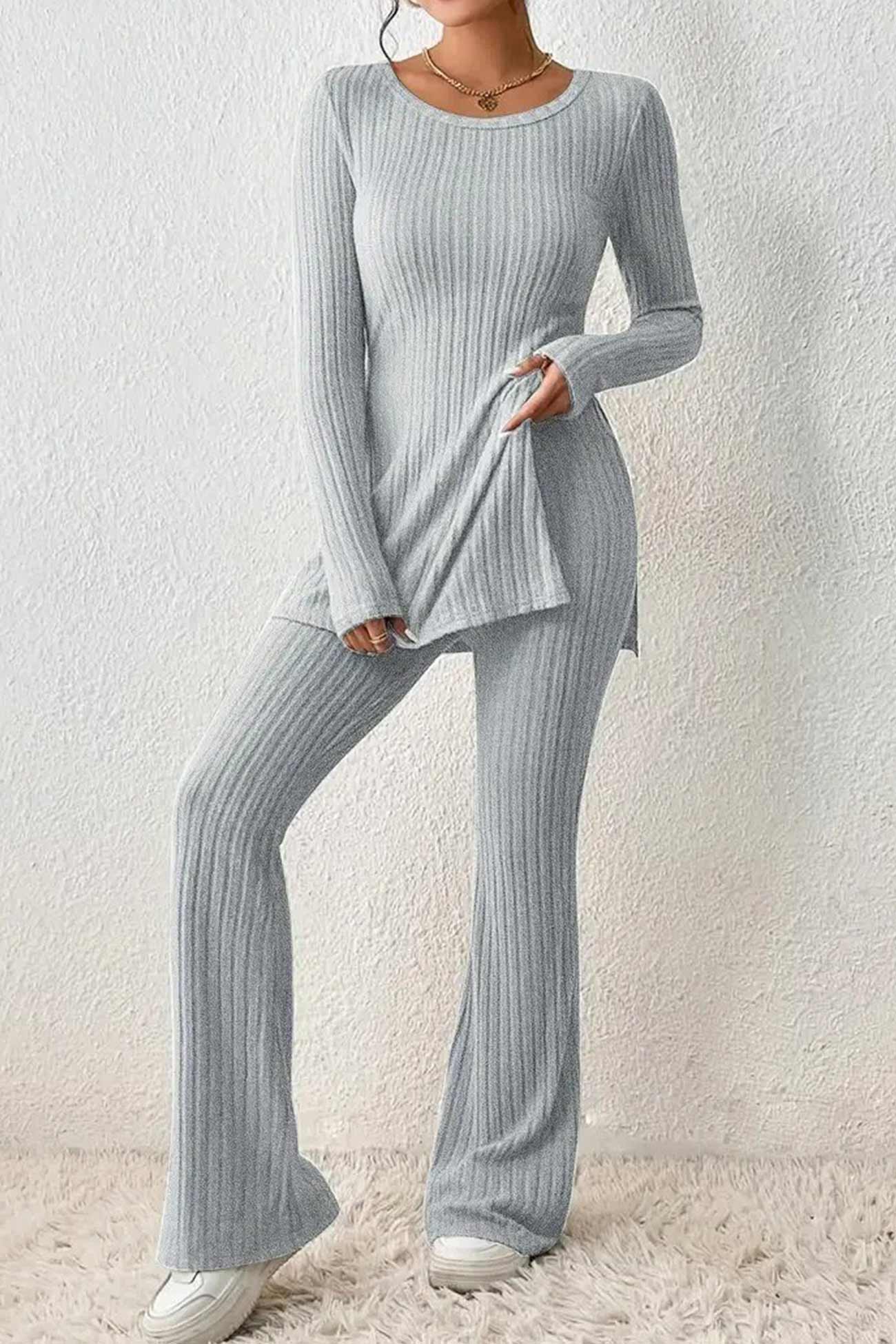 Dam Loungewear Set - Ribbad Stickad - Långärmad Tunika - Hög Midja Vida Byxor