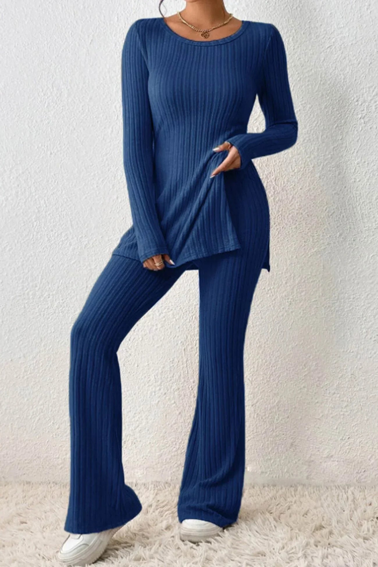 Dam Loungewear Set - Ribbad Stickad - Långärmad Tunika - Hög Midja Vida Byxor
